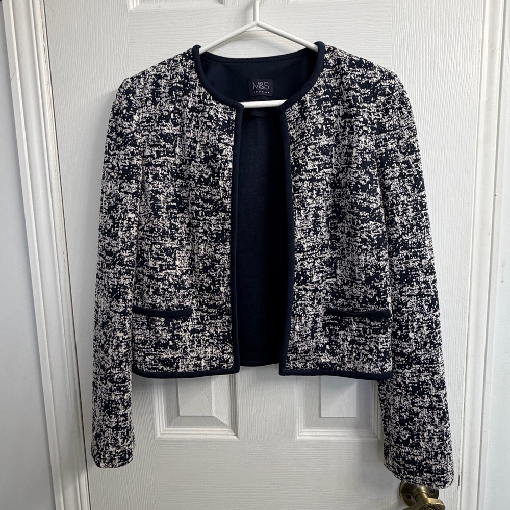M&S Collection Navy Mix Open Front Cropped Blazer UK 6 Coquette Minimalist Layer